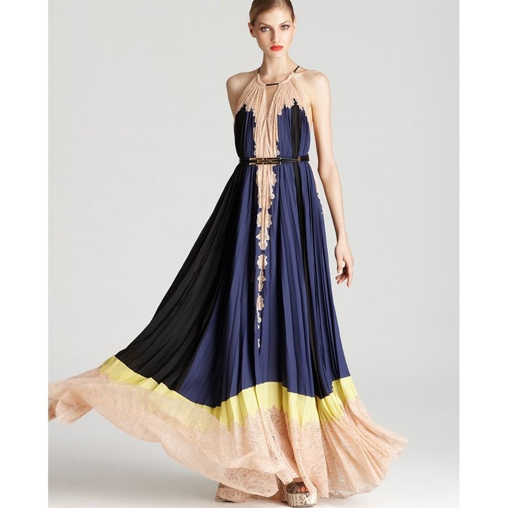 BCBGMAXAZRIA Runway Color Block Dress - Pleated Contrast Lace Hem